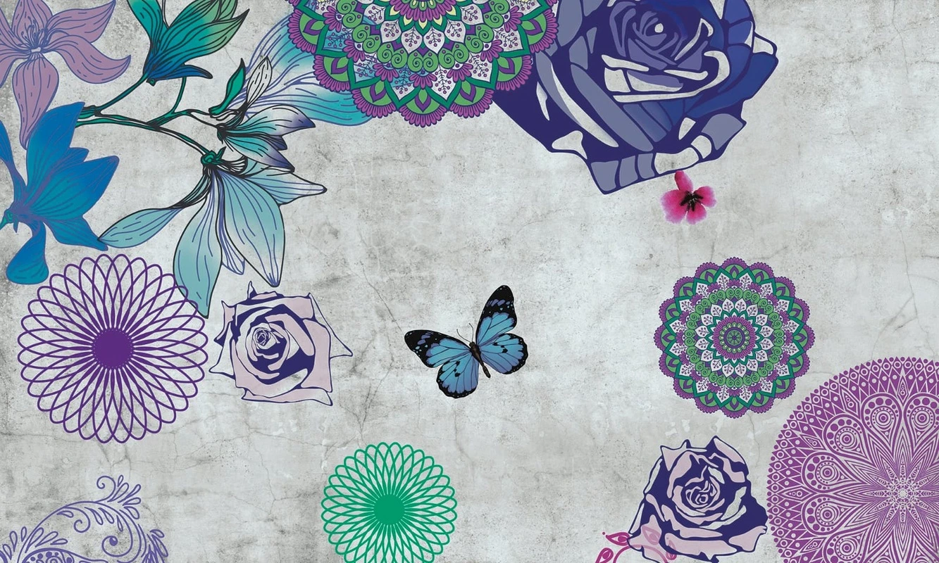 Фотообои на стену - цветы, мандалы, синий, голубая, бабочки