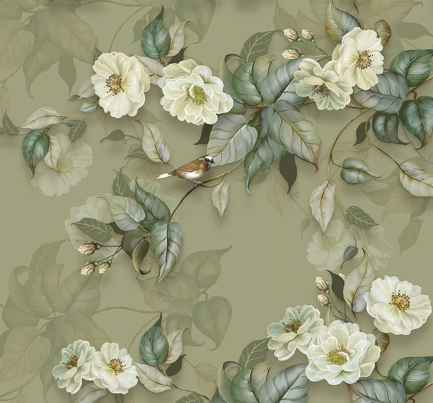 Фотообои на стену - цветы, живопись, картины, зеленая, белые, птицы
