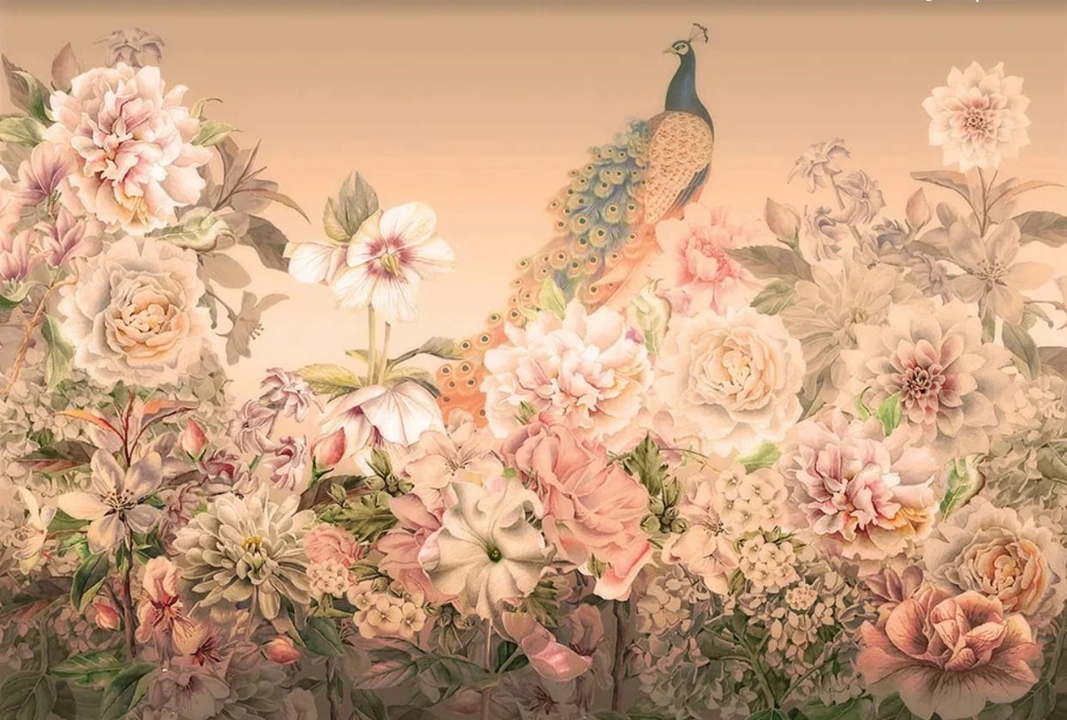 Фотообои на стену - цветы, павлин, персиковая, пудровый цвет