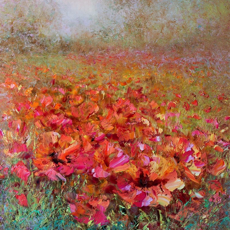 Фотообои на стену - цветы, маки, красная, поле, живопись, картины