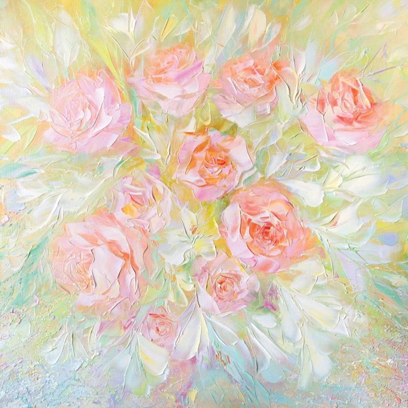 Фотообои на стену - цветы, розы, живопись, светлые, розовая, салатовая