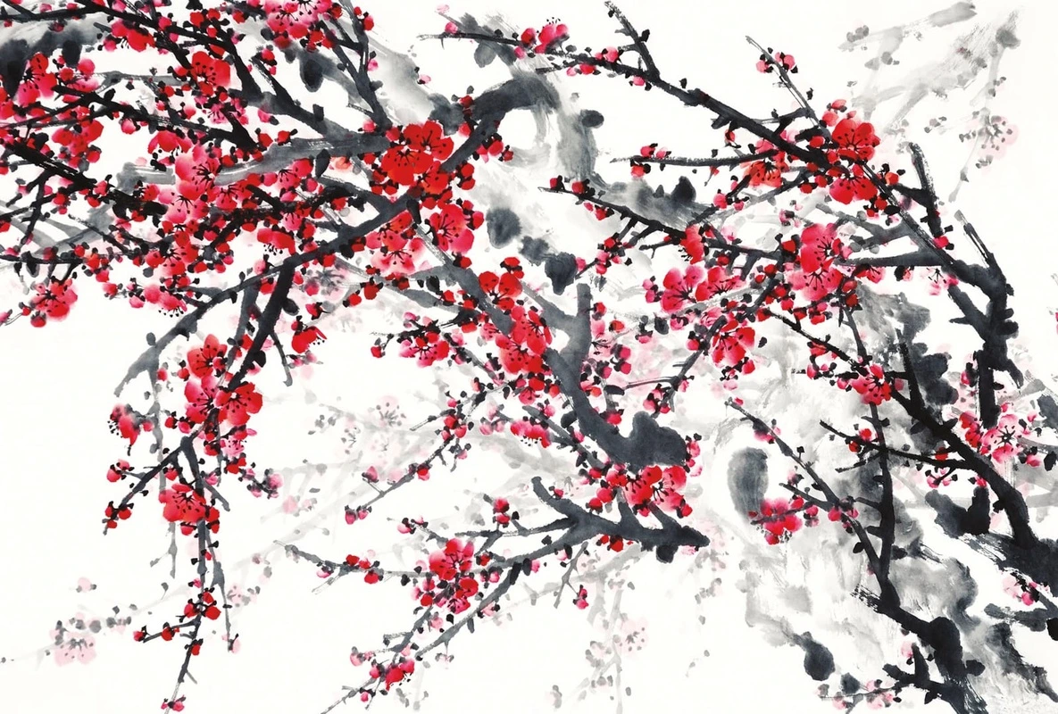 Фотообои на стену - цветы, сакура, яблоня, красные, ветки сакуры