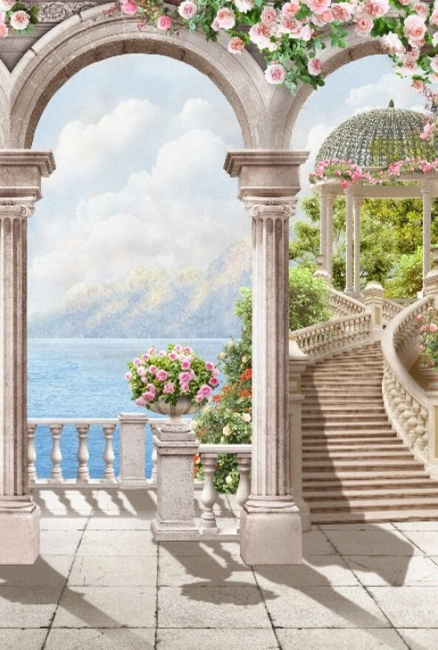 Фотообои на стену - наши работы, печать на плитке, популярные, плитка, арки, с цветами, пейзаж с морем, лестница