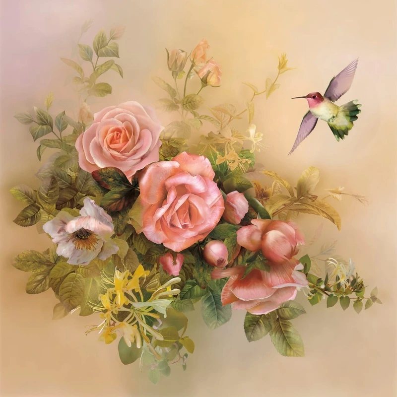 Фотообои на стену - цветы, розы, розовая красивые зеленая, колибри