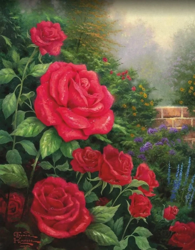 Фотообои на стену - цветы, живопись, розы, красные, куст роз, листья