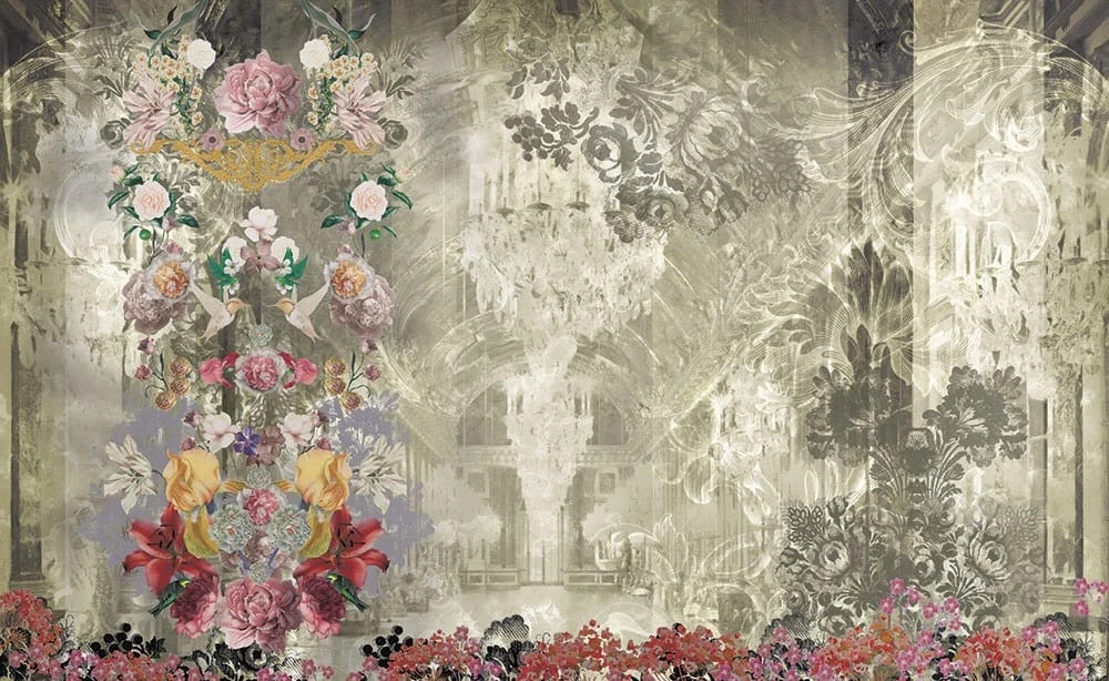 Фотообои на стену - цветы, на штукатурке, серая