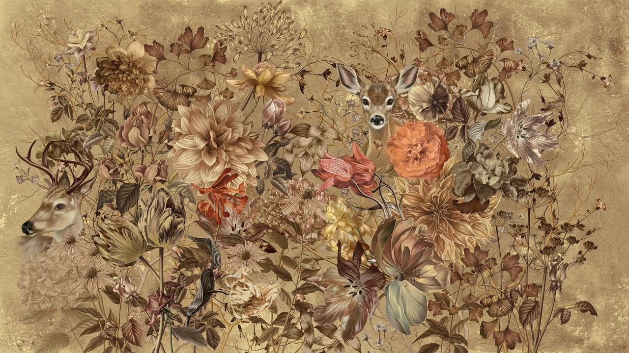 Фотообои на стену - цветы, на бежевом фоне, олененок