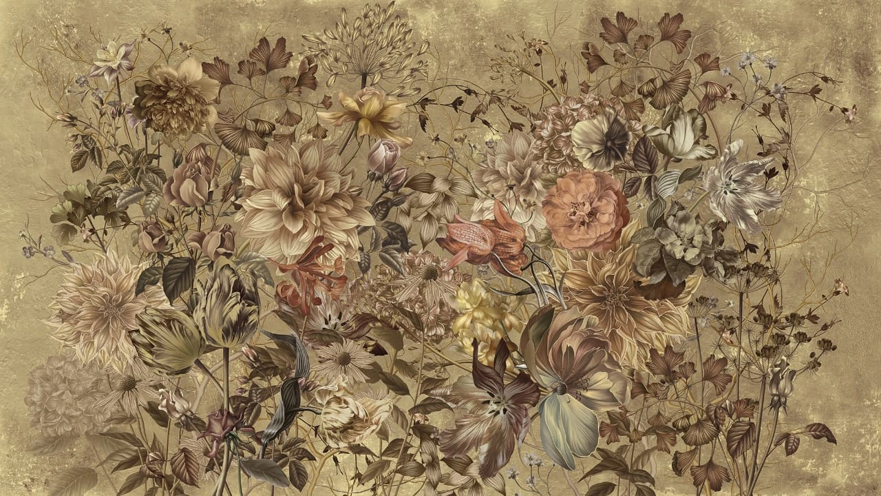 Фотообои на стену - цветы, на бежевом фоне, коричневая