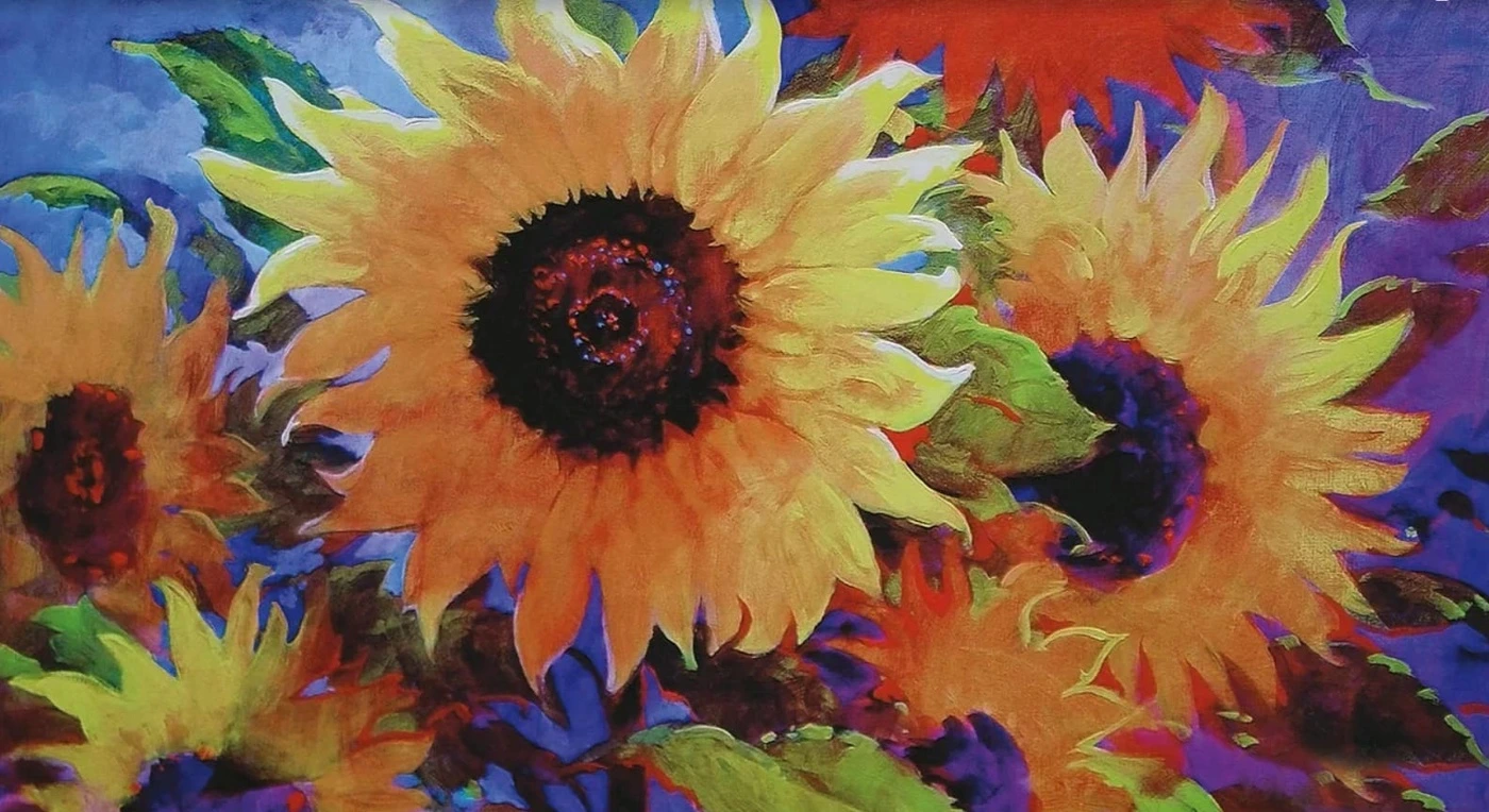 Фотообои на стену - цветы, подсолнухи, желтая, на фоне неба