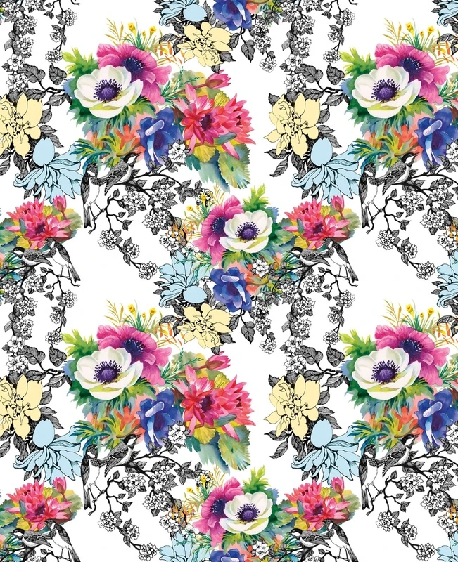 Фотообои на стену - цветы, разноцветные, на белом фоне, птицы, графичные