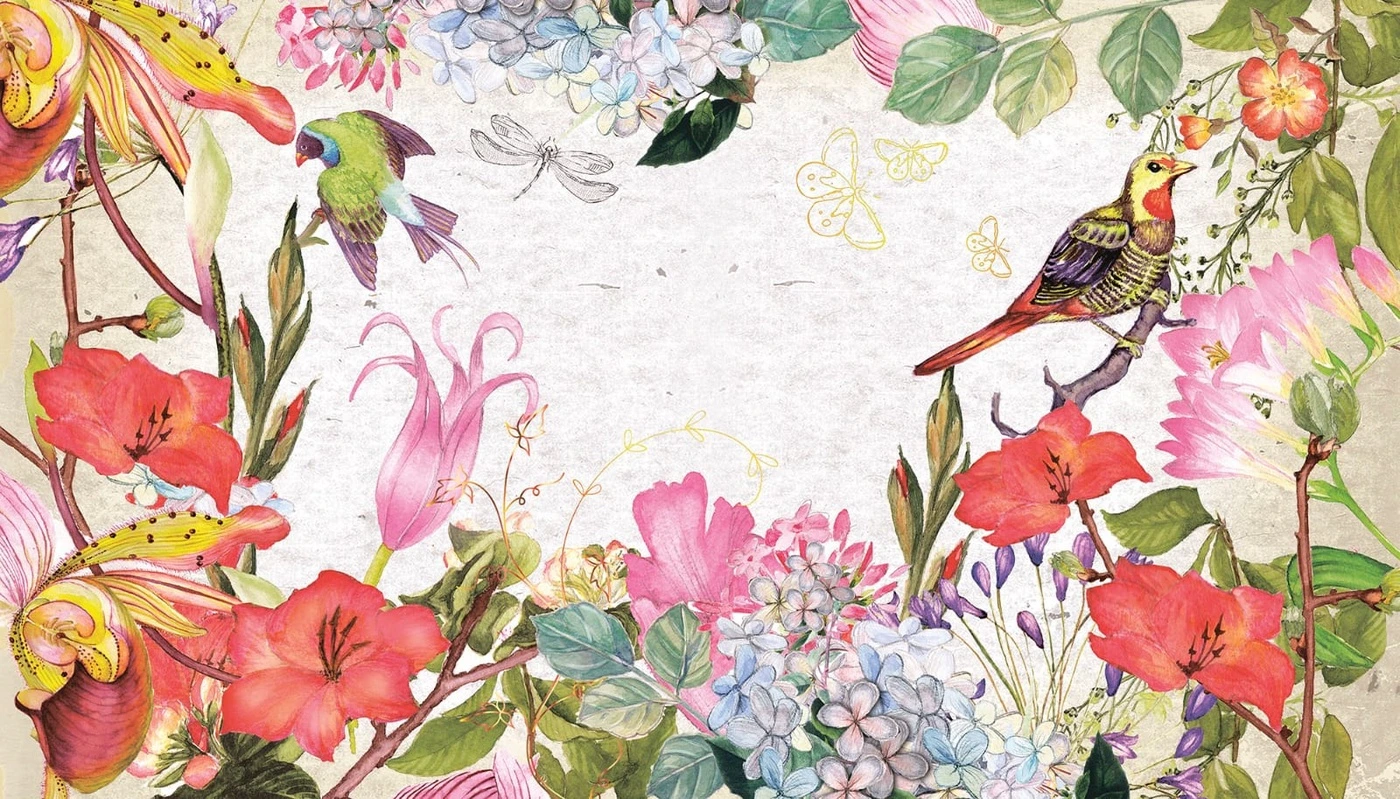 Фотообои на стену - цветы, тропические, шинуазри, красная, на белом фоне, экзотические птицы, экзотические цветы