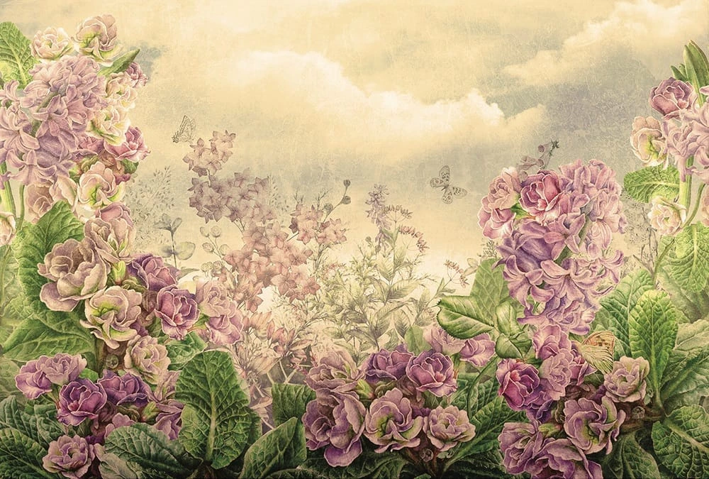 Фотообои на стену - цветы, на бежевом фоне, розы, лиловые