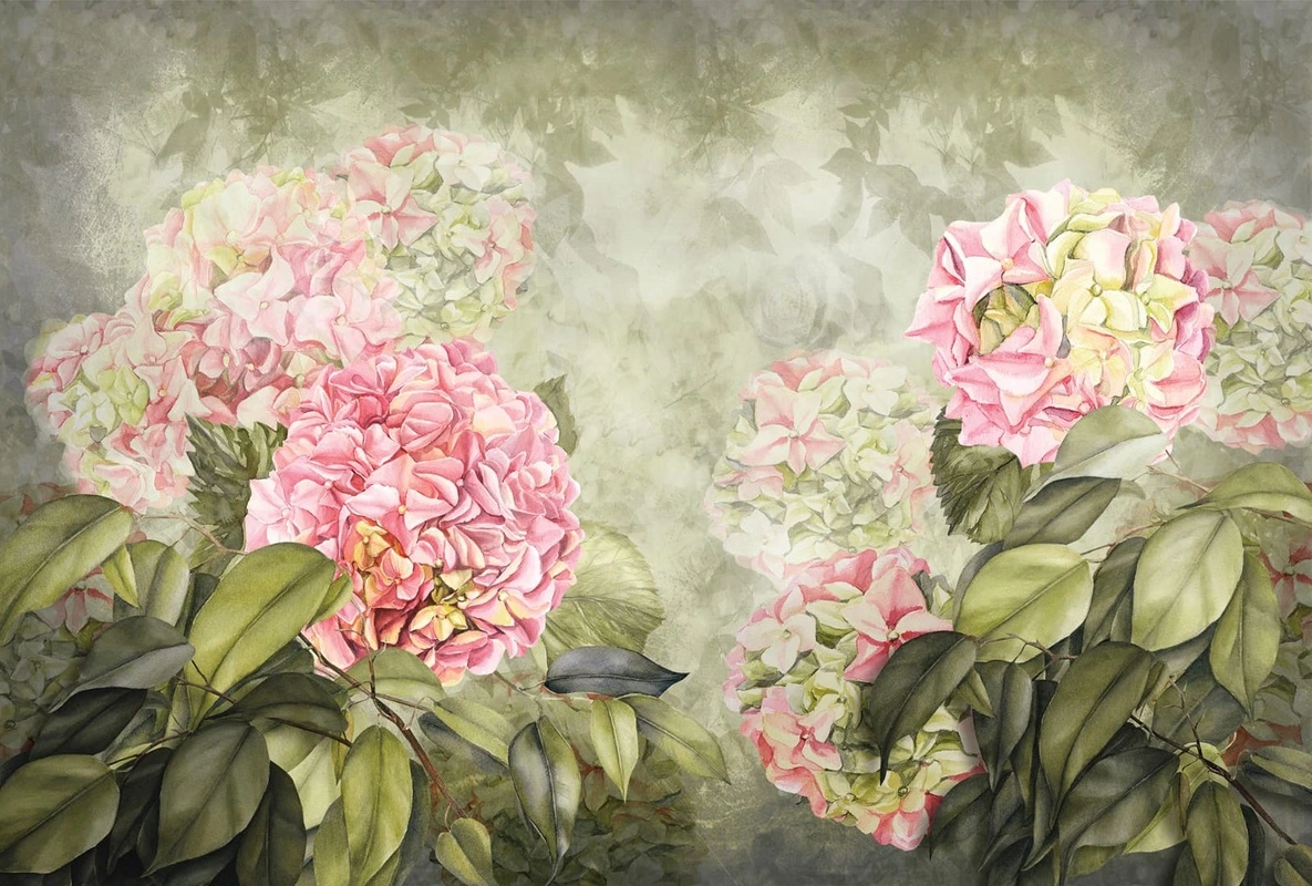Фотообои на стену - цветы, гортензия, живопись, картины, розовая