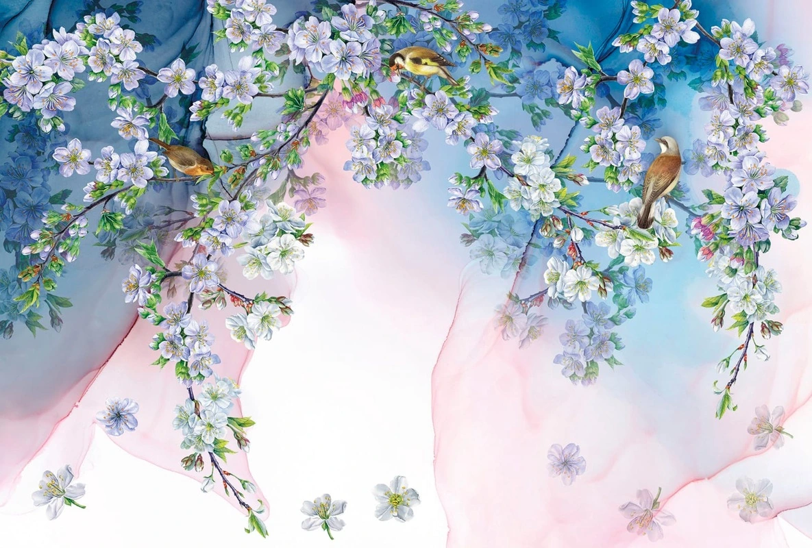 Фотообои на стену - цветы, ветки, яблоня, белые, голубая