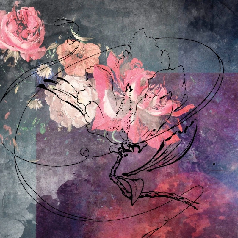 Фотообои на стену - цветы, пионы, абстракция, розово-сиреневая, фиолетово-бирюзовая