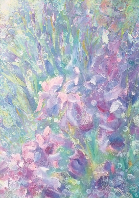 Фотообои на стену - цветы, ирисы, абстракция, живопись, картина, сиреневая, красивые, хорошего  качества, нежные, пастельная, лучшие, уникальные, итальянская, самые красивые