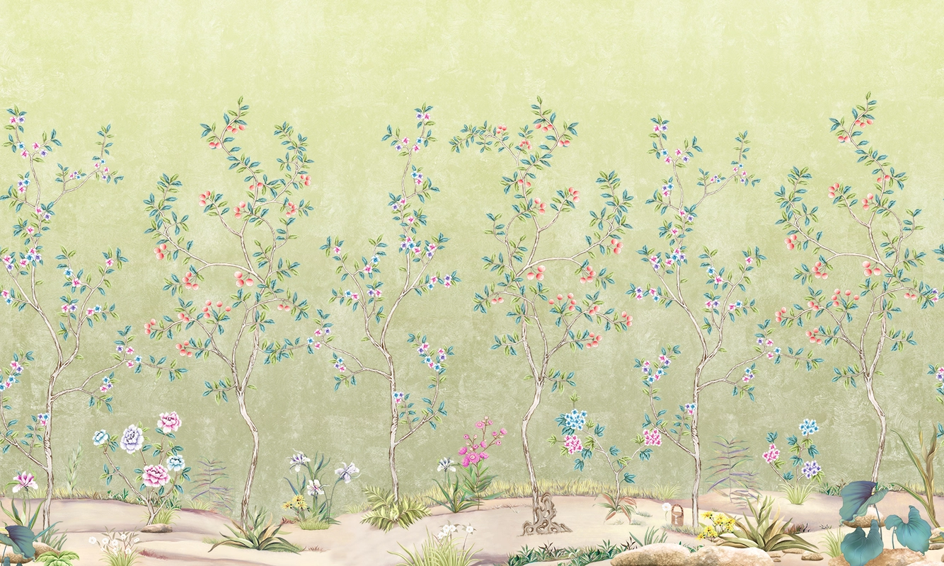 Фотообои и фрески на стену - птицы, цветы, листья, цветущие деревья, шинуазри, деревья, кусты