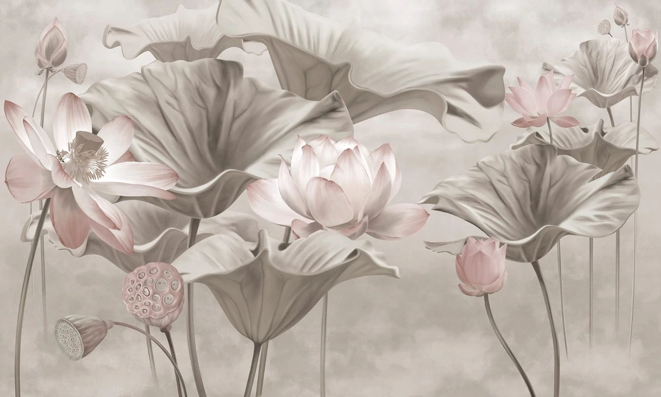 Фотообои на стену - цветы, бежевые, бежевая, лотосы, листья лотоса, светло зеленая