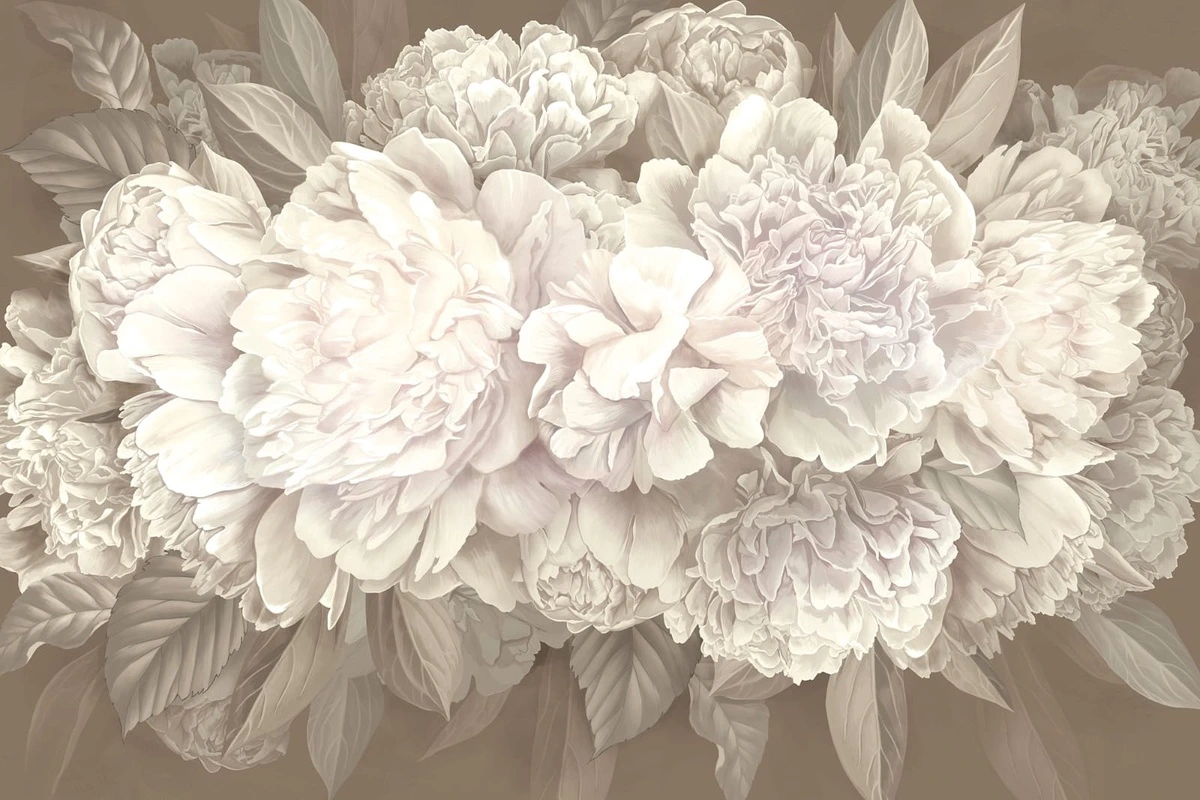 Фотообои на стену - цветы, пионы, на бежевом фоне, белые