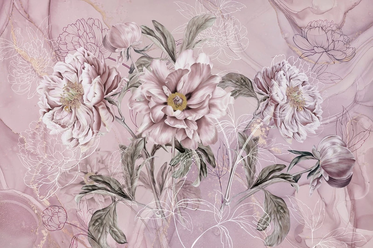 Фотообои на стену - цветы, с графикой, светло сиреневые