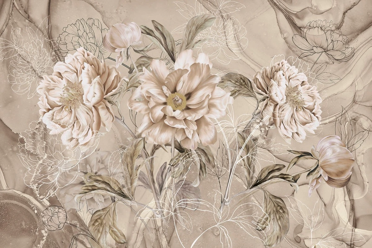 Фотообои на стену - цветы, с графикой, бежевые, бежевая