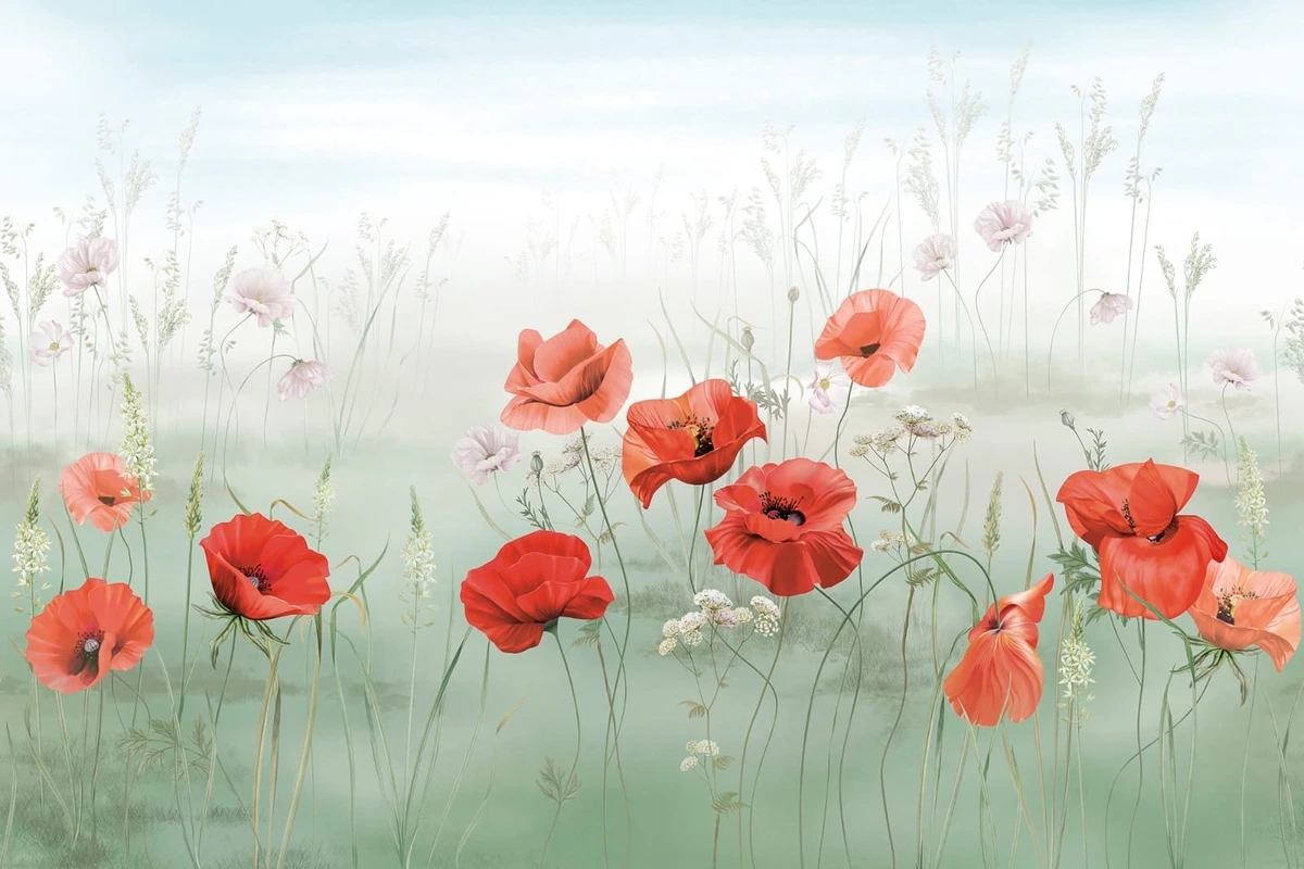 Фотообои на стену - цветы, маки, красные, на зеленом фоне