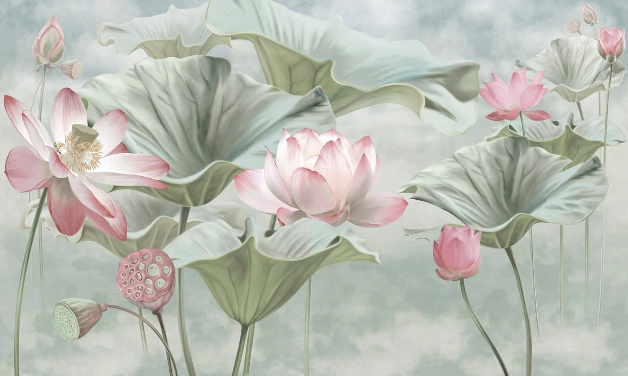 Фотообои на стену - цветы, лотосы, розовый, зеленый, листья, крупные