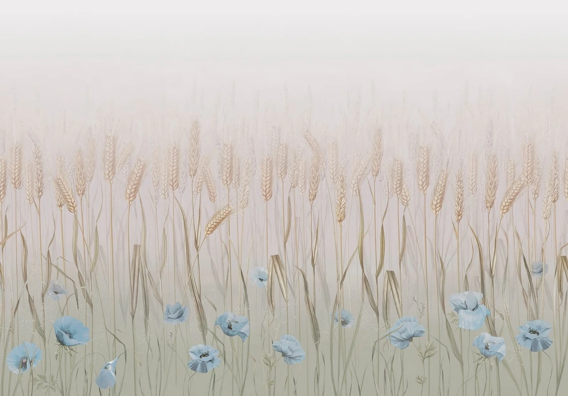 Фотообои на стену - цветы, поле, колосья, голубые маки, бежевые