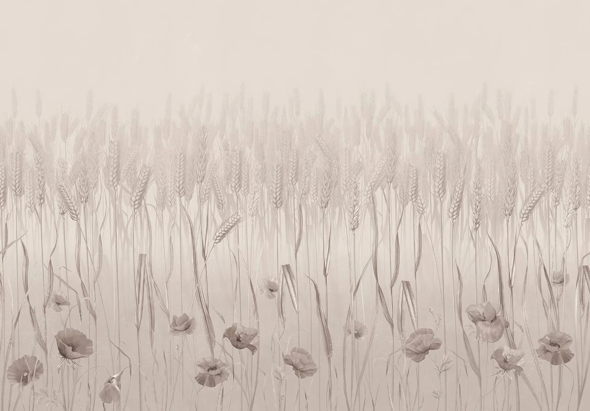 Фотообои на стену - цветы, поле, бежевые, бежевые маки, колосья