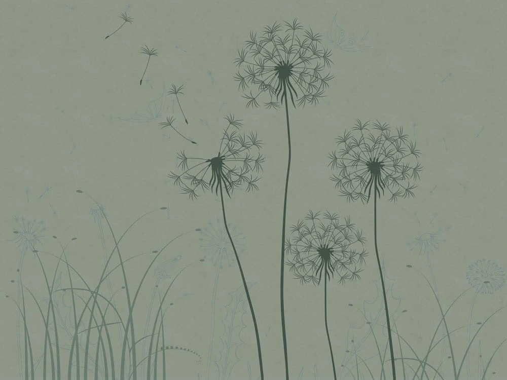 Фотообои на стену - цветы, графика, одуванчики, зеленая