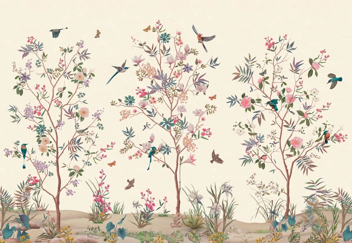 Фотообои на стену - популярные, шинуазри, райский сад, сад с птицами, сад с цветами, на кремовом фоне, нежные, красивые, итальянская, хорошего качества, уникальные, лучшие, новинки