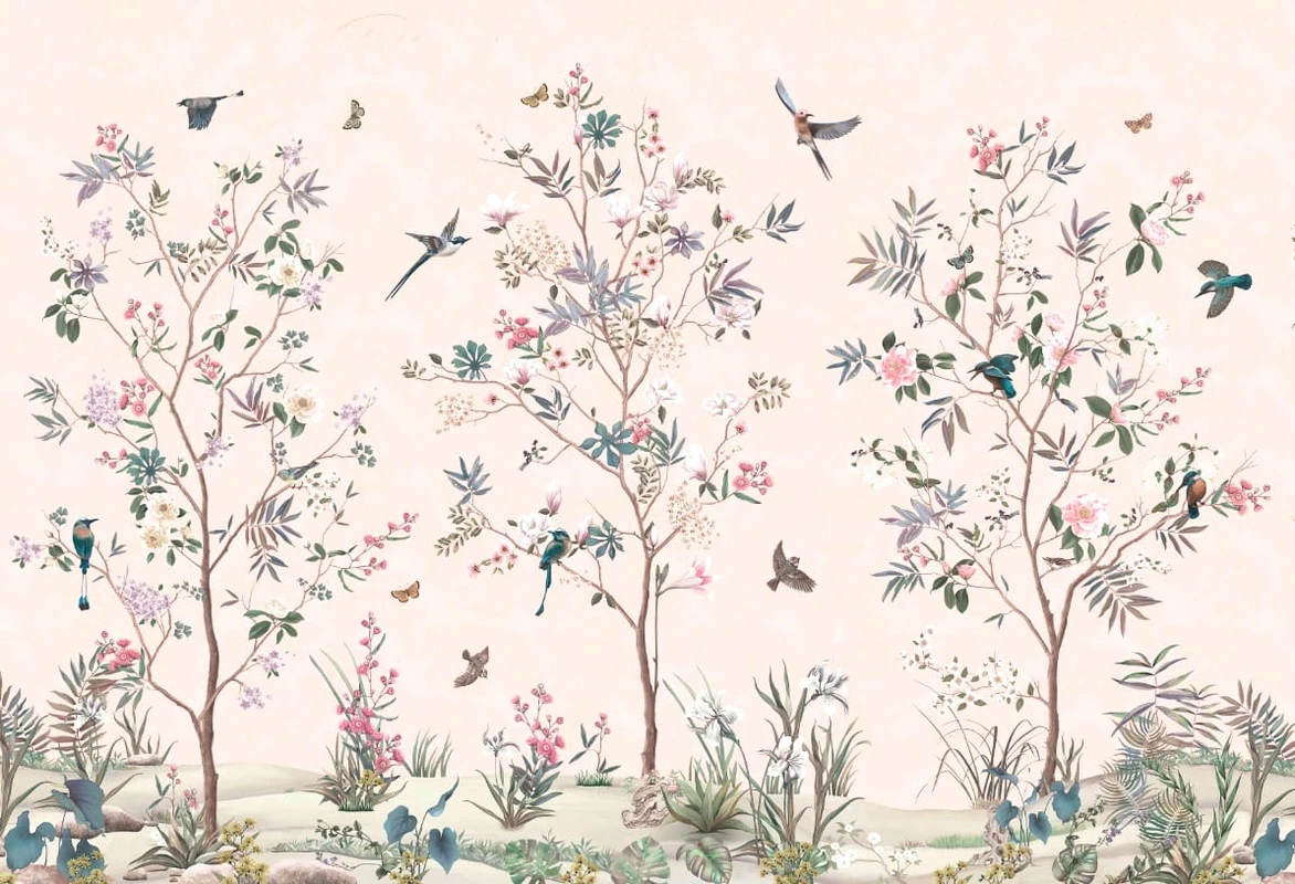 Фотообои на стену - популярные, шинуазри, сад, райский сад, райские птицы, розовая, пастельная, сад с розами, деревья, дерево, новинки