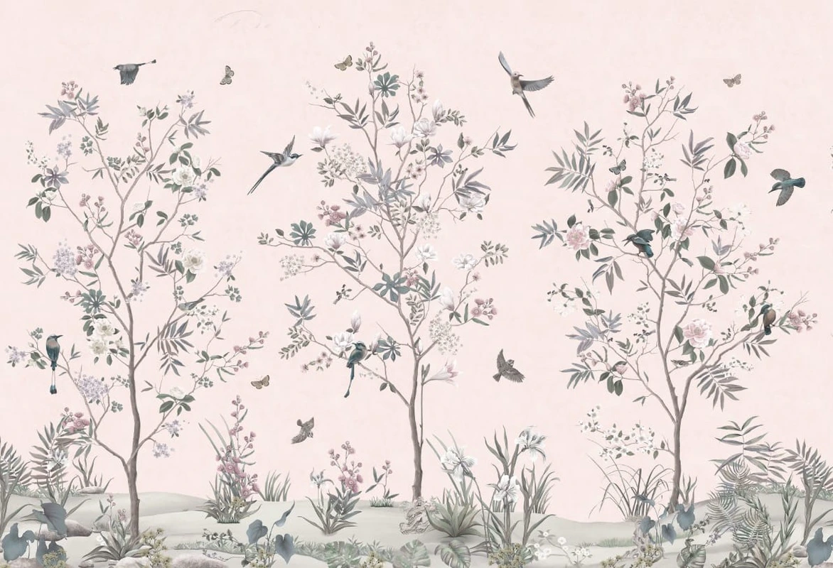 Фотообои на стену - над кроватью, над диваном, шинуазри, сад с цветами, сад с птицами, самые красивые, пастельная, итальянская, хорошего качества