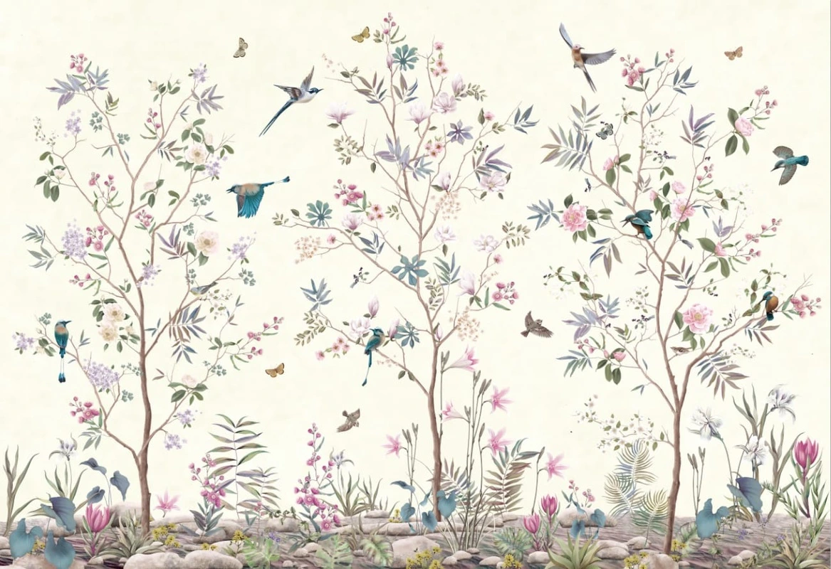 Фотообои на стену - над кроватью, шинуазри, сад, розы, цветы, птицы, деревья, светлые, светло желтые, нежные