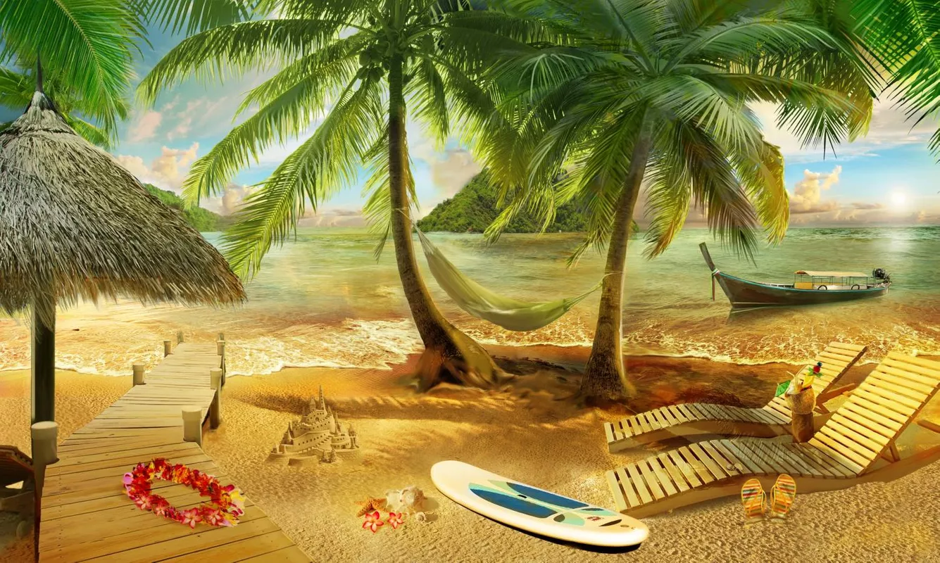 Фотообои и фрески на стену - пейзаж, природа, пальмы, море, с пальмами и морем