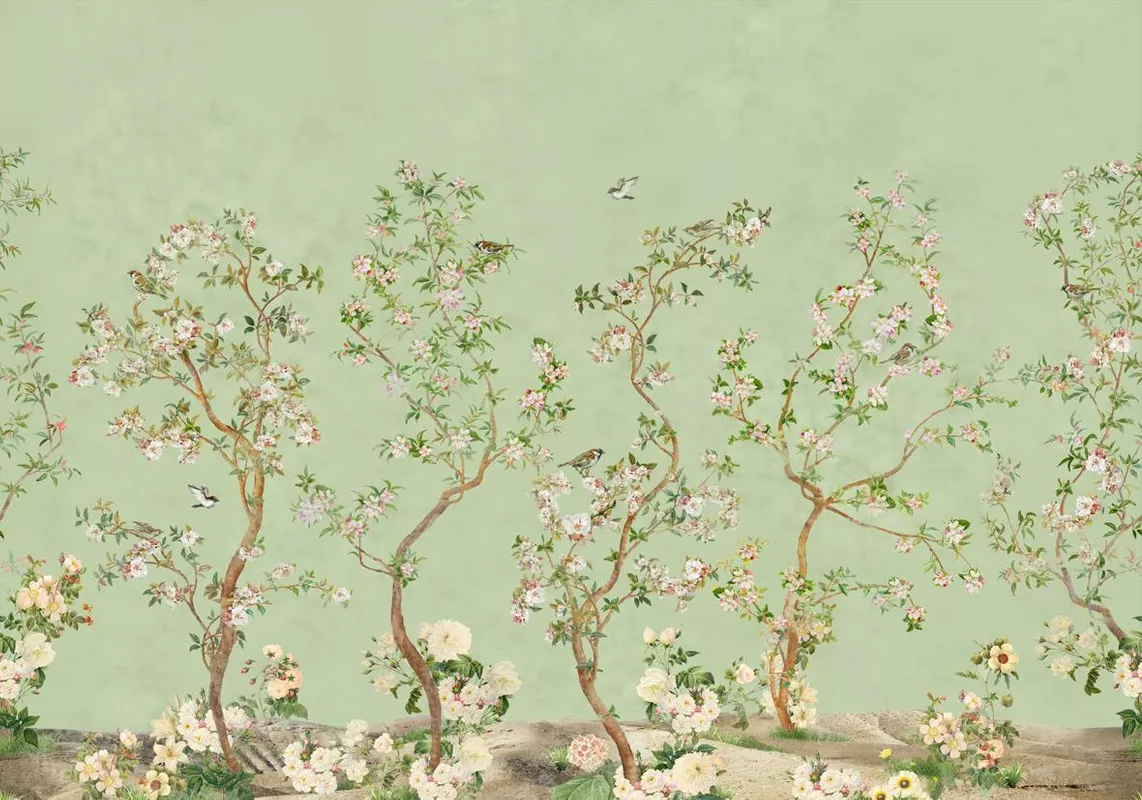 Фотообои и фрески на стену - деревья, зеленые, ваксфлауэр, цветы, морозник