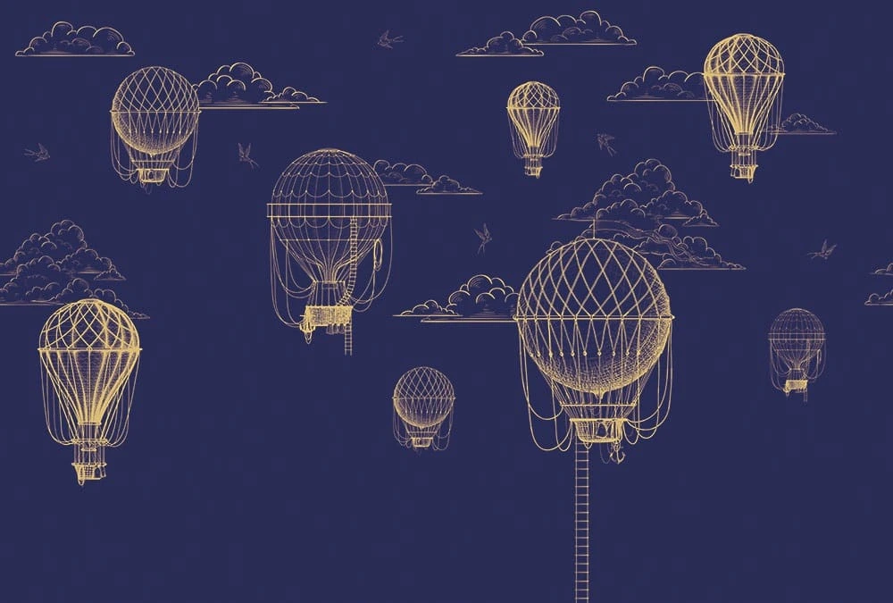 Фотообои на стену - графика, золотые линии, воздушные шары, темные, на синем фоне