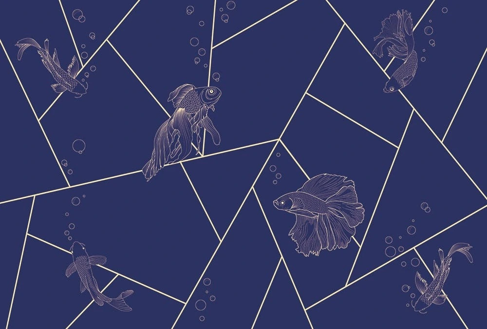 Фотообои на стену - графика, геометрия, рыбы, золотые линии, синий