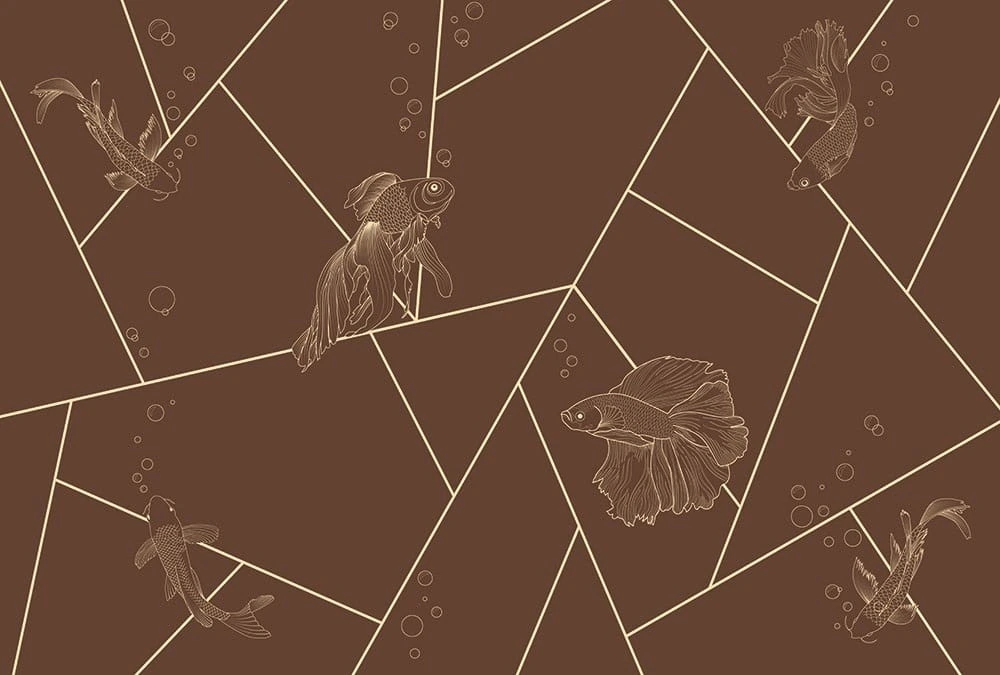 Фотообои на стену - графика, геометрия, рыбы, золотые линии, коричневая