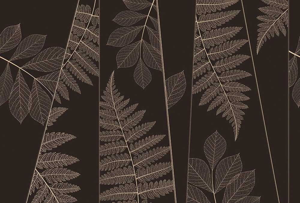 Фотообои на стену - графика, листья, золотые листья, темные, на черном фоне