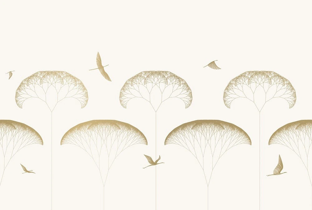 Фотообои на стену - графика, дерево, деревья, птицы, бежевые