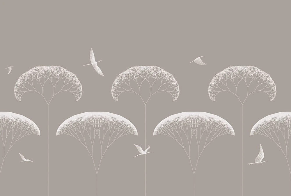 Фотообои на стену - графика, дерево, деревья, птицы, бежевые, темно бежевая
