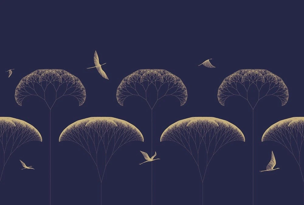 Фотообои на стену - графика, дерево, деревья, с золотом, золотые линии, синий, темно синяя