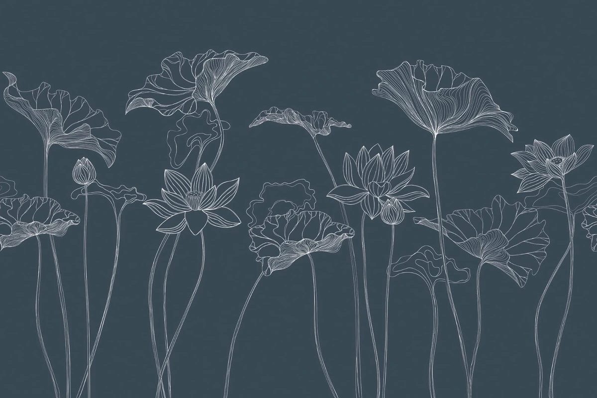 Фотообои на стену - графика, лотосы, листья, серебряные линии, синий, темно синяя