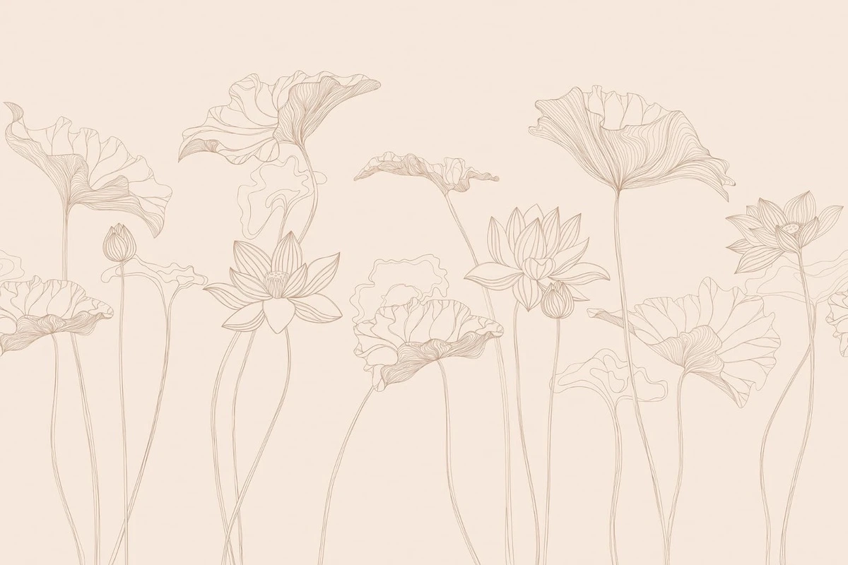 Фотообои на стену - графика, лотосы, листья, бежевые, линии