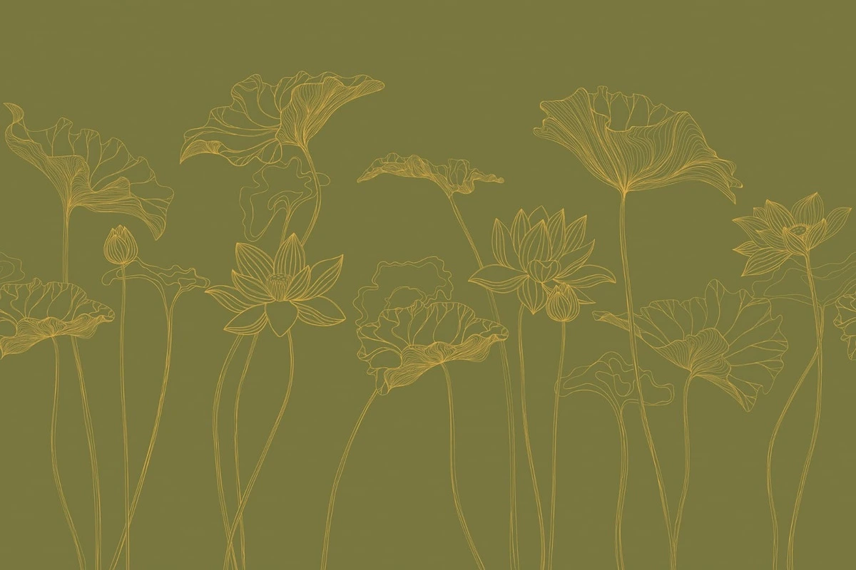 Фотообои на стену - графика, лотосы, листья, золотые линии, зеленая