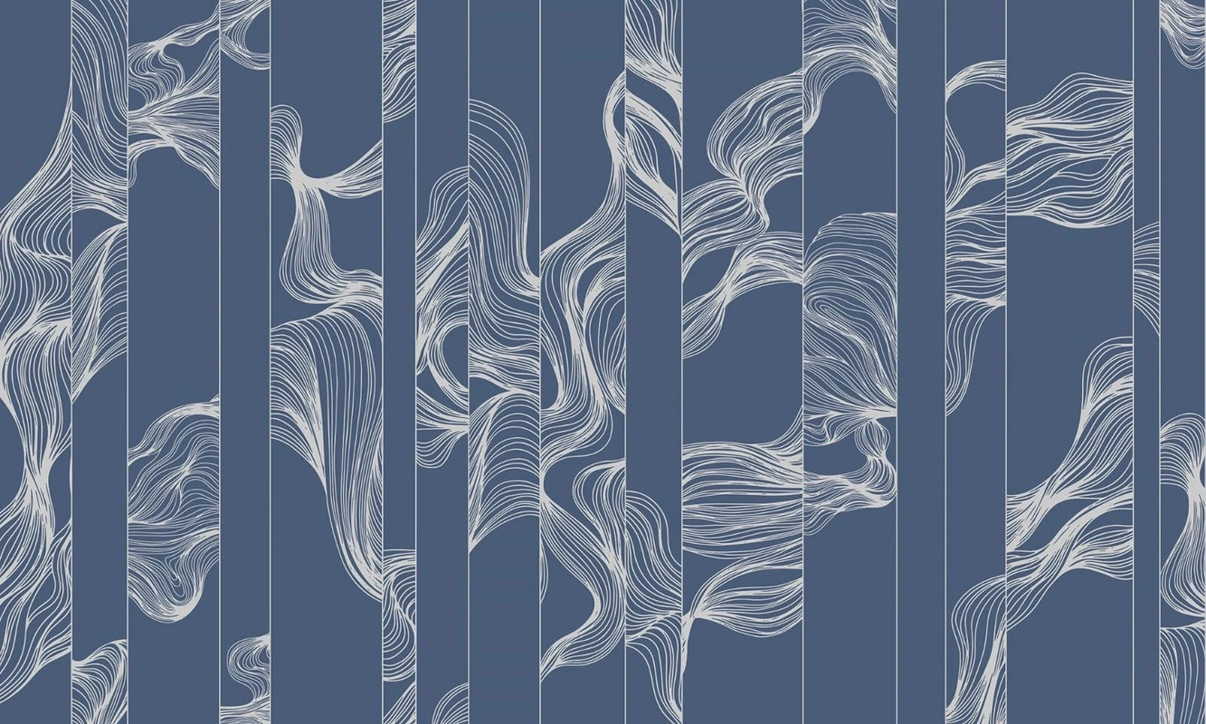 Фотообои на стену - графика, линии, серебряные линии, синий, темно синяя, волны, вертикальные