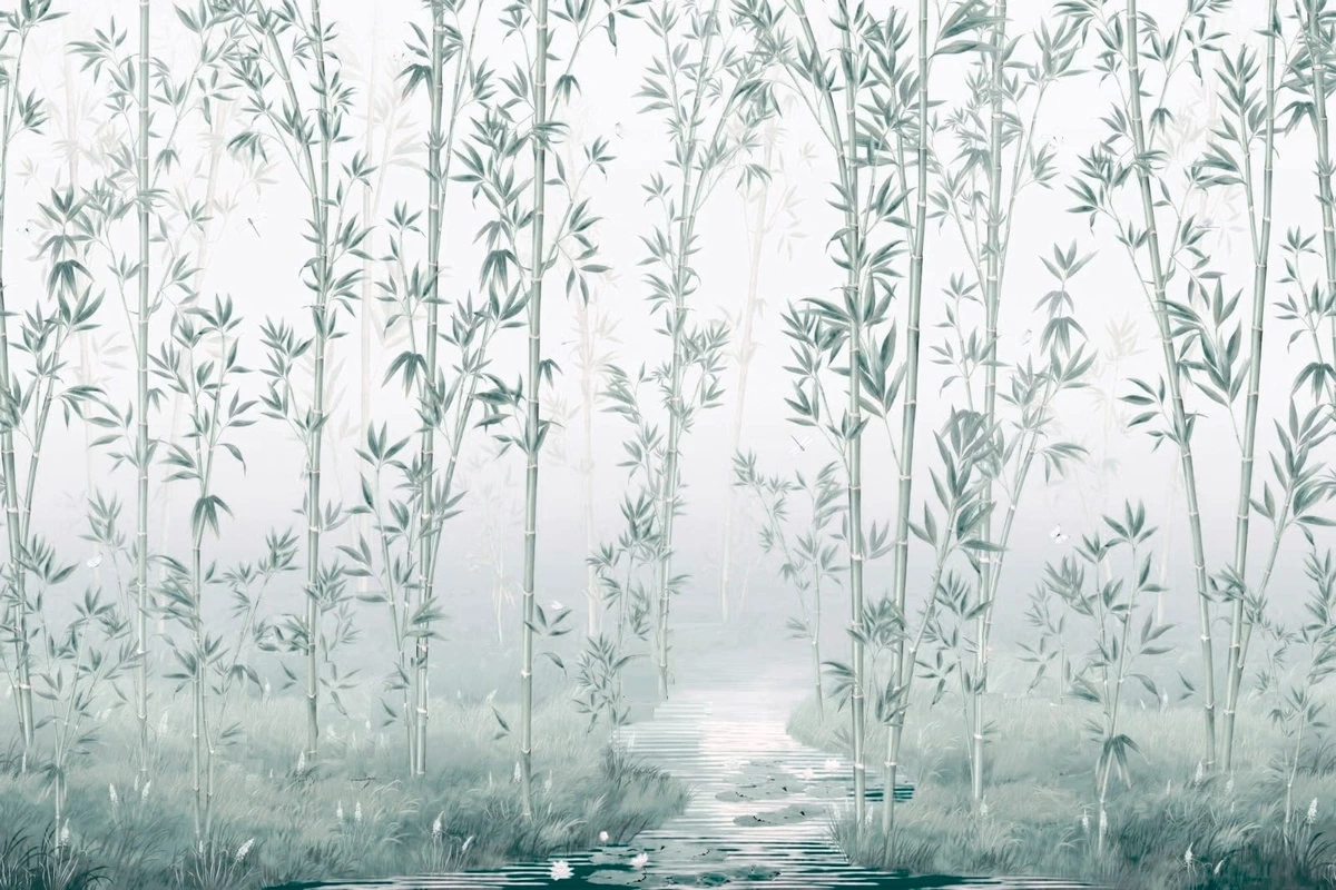 Фотообои на стену - шинуазри, сад, бамбук, бамбуковый, светло зеленая, нежные