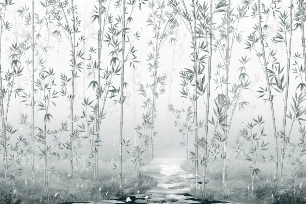 Фотообои на стену - шинуазри, сад, бамбук, бамбуковый, серо-зеленая, светлые, зеленая