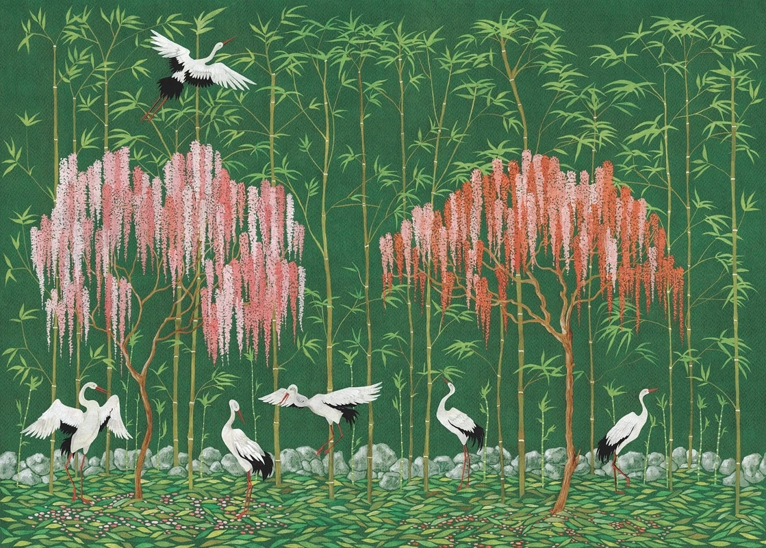 Фотообои на стену - шинуазри, зеленая, птицы, бамбук, глициния